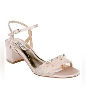 Badgley Mischka Karissa Sandal Pale Pink Nude Sz 9.5 Silk Leather Block Heel MOB